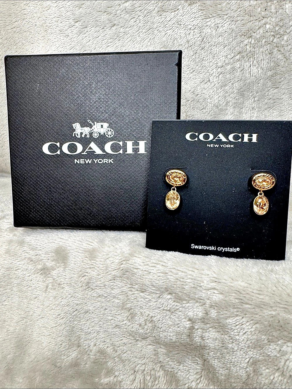 Coach Swarovski Crystals Oval Drop Earrings Gold NWT